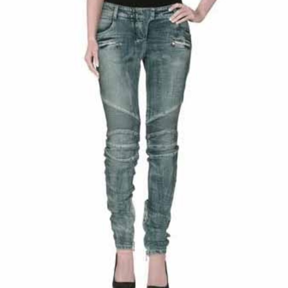 Balmain Blue Med Wash Faded Mid-rise Moto Jeans Size 38 - Picture 1 of 8